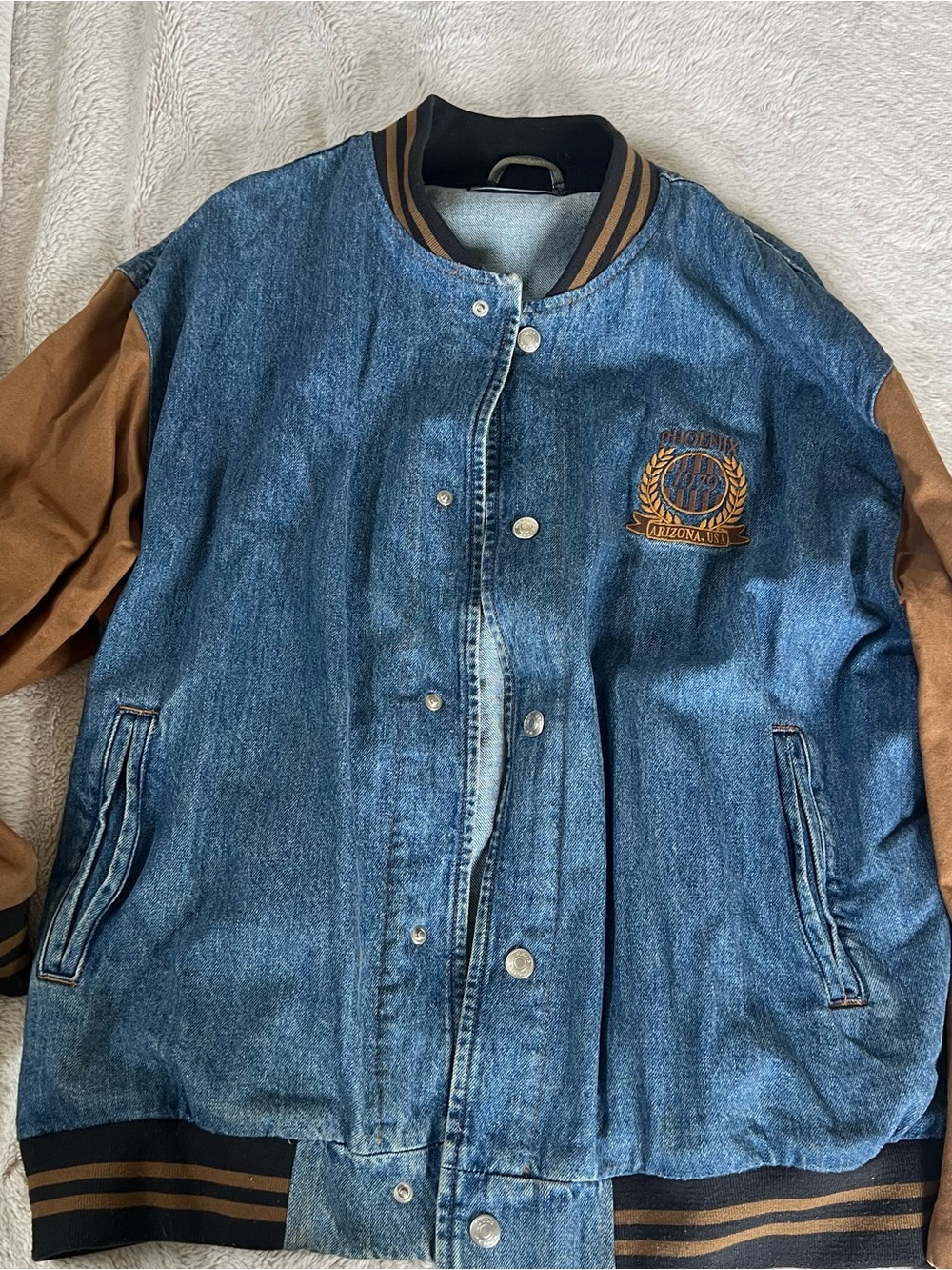 ASOS Blue Denim Bomber Jacket with Brown Sleeves